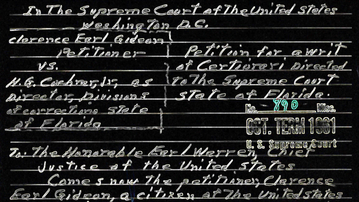A portion of the cover of Clarence Earl Gideon's petition to the Supreme Court of the United States